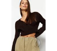 Wovcor Crop Soft Textured Double Breasted Knit Sweater In Brown Brown