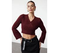 Wovcor Crop Soft Textured Double Breasted Knit Sweater In Burgundy Burgundy