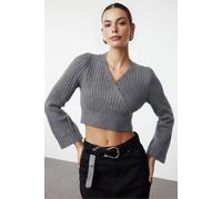 Wovcor Crop Soft Textured Double Breasted Knit Sweater In Grey Grey L