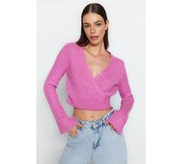 Wovcor Crop Soft Textured Double Breasted Knit Sweater In Pink Pink S