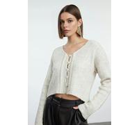 WOVCOR Crop Soft Textured Knit Cardigan with Button Detail - Stone - M