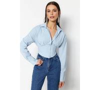 Wovcor Crop Woven Poplin Shirt With Corset Back Detail In Blue Blue 6
