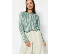 WOVCOR Crop Zebra Print Color Block Knit Sweater - Mint - L
