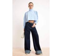 Wovcor Cropped Button Up Collared Puff Sleeve Plain Shirt Top In Blue Blue