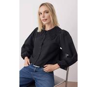 Wovcor Cropped Button-Up Shirt With Guipure Lace Collar In Black Black