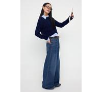 Wovcor Cropped Cable Knit Jumper With Shirt Panel Detail In Navy Navy