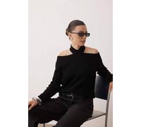Wovcor Cropped Knit Sweater With Cross Over Collar Detail In Black Black