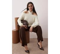 Wovcor Cropped Knit Sweater With Cross Over Collar Detail In Ecru Ecru