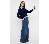 WOVCOR Cropped Knit Sweater with Shirt Panel Detail - Navy - M