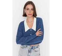 Wovcor Cropped Rib Knit Cardigan Collar-Detail In Indigo Indigo