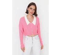Wovcor Cropped Rib Knit Cardigan Collar-Detail In Pink Pink S