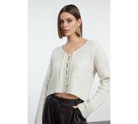 Wovcor Cropped Ribbed Knit Cardigan Button-Detail In Stone Stone M