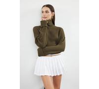 Wovcor Cropped Ribbed Turtleneck Knit Jumper In Khaki Khaki