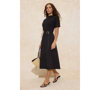 Wovcor D-Ring Belt Crew Neck Short Sleeve A-Line Midi Dress In Black Black