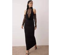 Wovcor Deep Cowl Neck Maxi Evening Dress With Lace Detail In Black Black