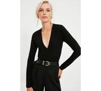 Wovcor Deep V-Neck Long Sleeve Knit Bodysuit In Black Black