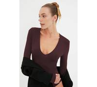Wovcor Deep V-Neck Long Sleeve Knit Bodysuit In Brown Brown