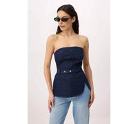 Wovcor Denim Bandeau Belted Structured Asymmetric Hem Top In Dark Blue Dark Blue