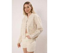 WOVCOR Denim Jacket with Heart Embroidery and Pocket Details - Beige - L