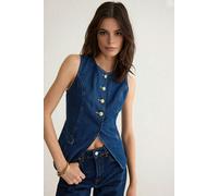 WOVCOR Denim Vest with Gold Button and Stitching Details - Dark Blue - M