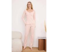 Wovcor Ditsy Floral Lace Trim Scoop Neck Long Sleeve Ribbed Pyjama Set In Pink Pink