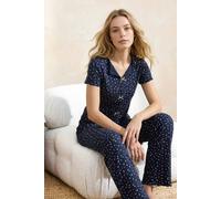 Wovcor Ditsy Floral Ribbon Detail Short Sleeve Cotton Ribbed Pyjama Set In Navy Navy