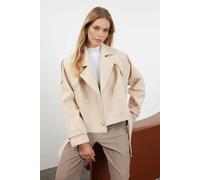 Wovcor Double Breasted Belted Cropped Wool Look Jacket In Beige Beige 4