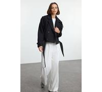 Wovcor Double Breasted Belted Cropped Wool Look Jacket In Black Black 8