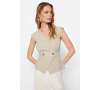 Wovcor Double Breasted Woven Wrap Blouse With Button Detail In Light Beige Light Beige 4