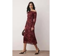 WOVCOR Dropped Sleeve Bodycon Flocked Tulle Midi Knit Dress - Burgundy - S