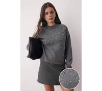 Wovcor Embellished Soft Knit Sweater With Pearl Detail In Dark Grey Dark Grey