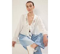 Wovcor Embroidered Collar Ruffle Detail Tie Front Regular Fit Shirt In White White