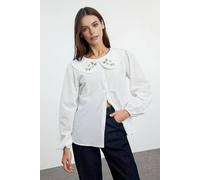 Wovcor Embroidered Collar Woven Shirt With Balloon Sleeves In White White