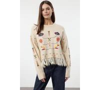 Wovcor Embroidered Fringe Hem Textured Knit Sweater In Ecru Ecru