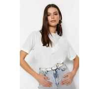 WOVCOR Embroidered High Neck Basic Regular Fit Cotton Knit Blouse - White - S