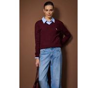 Wovcor Embroidered Motif V-Neck Cable Knit Jumper In Burgundy Burgundy