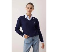 Wovcor Embroidered Motif V-Neck Cable Knit Jumper In Navy Navy