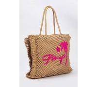 Wovcor Embroidered Tassel Detail Straw Maxi Tote Shoulder Bag In Camel Camel