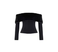 Wovcor Faux Fur Bardot Neck Long Sleeve Knit Blouse In Black Black
