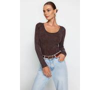 Wovcor Faux Suede Long Sleeve Bodysuit In Brown Brown