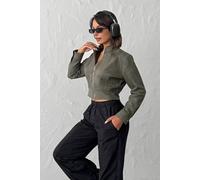 Wovcor Faux Suede Zip Front Cropped Jacket In Khaki Khaki