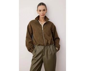 Wovcor Faux Suede Zip Front Relaxed Fit Jacket In Khaki Khaki