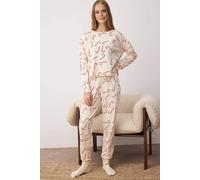 Wovcor Festive Print Long Sleeve Pyjama Co-Ord Set In Beige Beige L