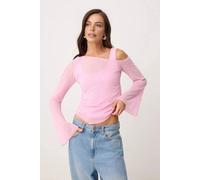 Wovcor Fitted Asymmetric Neck Long Sleeve Ruched Mesh Blouse In Baby Pink Baby Pink