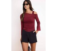 Wovcor Fitted Asymmetric Neck Long Sleeve Ruched Mesh Blouse In Burgundy Burgundy