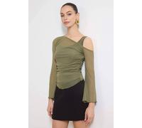 Wovcor Fitted Asymmetric Neck Long Sleeve Ruched Mesh Blouse In Khaki Khaki