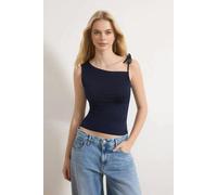 WOVCOR Fitted Asymmetrical Neckline Tie Detail Stretch Knit Blouse - Navy - L
