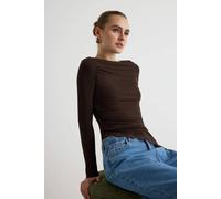 Wovcor Fitted Boat Neck Long Sleeve Lace Detail Ribbed Blouse In Brown Brown