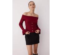 Wovcor Fitted Carmen Collar Ribbed Button Front Knit Sweater In Burgundy Burgundy M