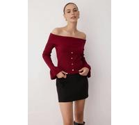 WOVCOR Fitted Carmen Collar Ribbed Knitwear Sweater - Burgundy - M